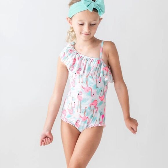 Ruffle Butts One Shoulder Ruffle One Piece Vibrant Flamingo 4T NWT in packaging - Picture 2 of 9